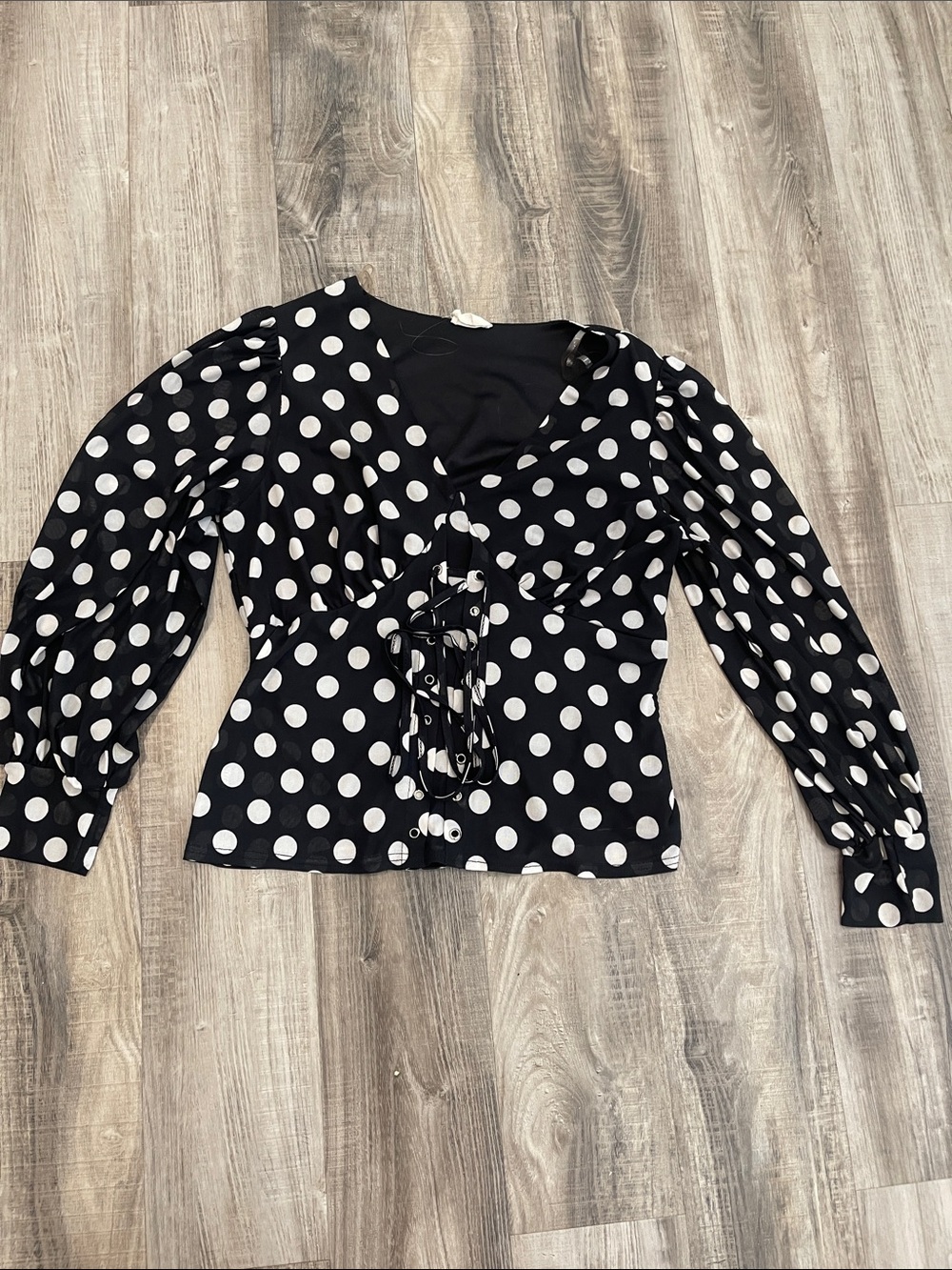 Fender Black and White Polka Dot Tie-Front Blouse